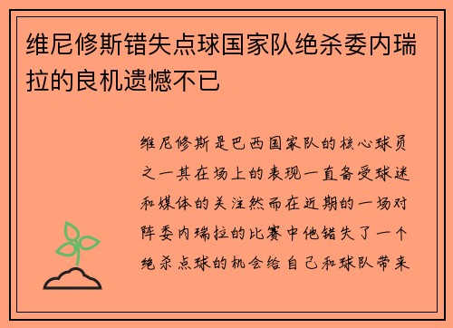 维尼修斯错失点球国家队绝杀委内瑞拉的良机遗憾不已