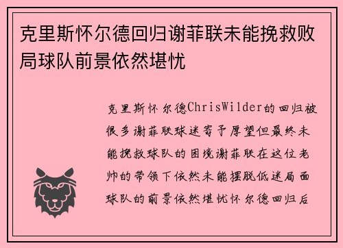 克里斯怀尔德回归谢菲联未能挽救败局球队前景依然堪忧